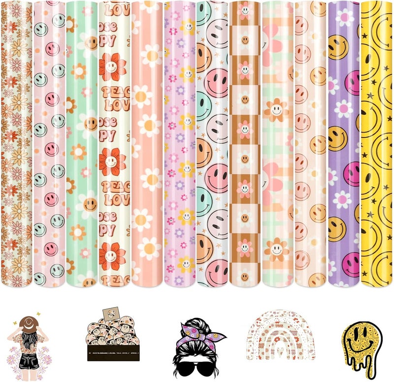 Tintnut Heat Transfer Vinyl - 12 Sheets 12 x 10 inches Retro HTV Groovy Heat Transfer Vinyl Daisy Patterned HTV Iron on Vinyl for Tshirts DIY Compatible with Cricut or Silhouette Cameo - Image 1